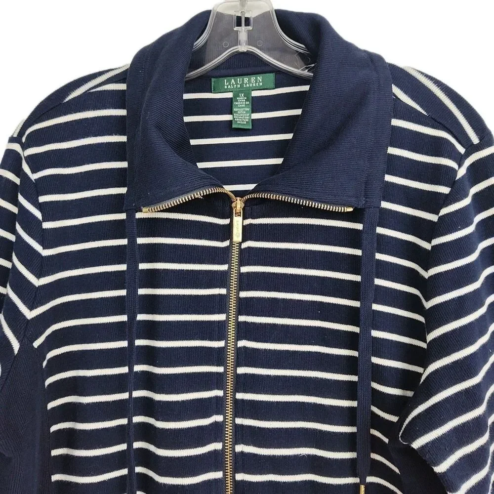 Lauren Ralph Lauren Full-Zip Women's Sweater Jacket, 1X, Navy‎ w/ White Stripes